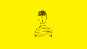 Czarny rysunek postaci uwięzionej w sznurze biegnącym z mózgu na żółtym tle