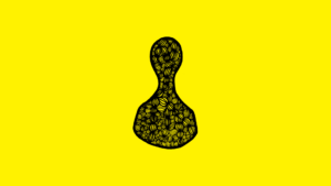 Czarny abstrakcyjny rysunek postaci na żółtym tle