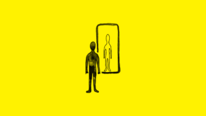 Czarny rysunek człowieka stojącego przed lustrem na żółtym tle