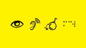 Czarne ikony oka, ucha, wózka inwalidzkiego i napisu MCW w alfabecie Braille'a na żółtym tle
