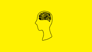 Rysunek czarnej głowy na żółtym tle