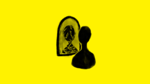 Czarny rysunek postaci patrzącej się w lustro na żółtym tle