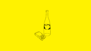 Czarny rysunek butelki po alkoholu i papierosów na żółtym tle