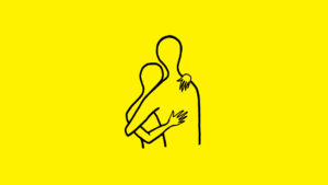 Czarne kontury dwóch przytulających się postaci na żółtym tle