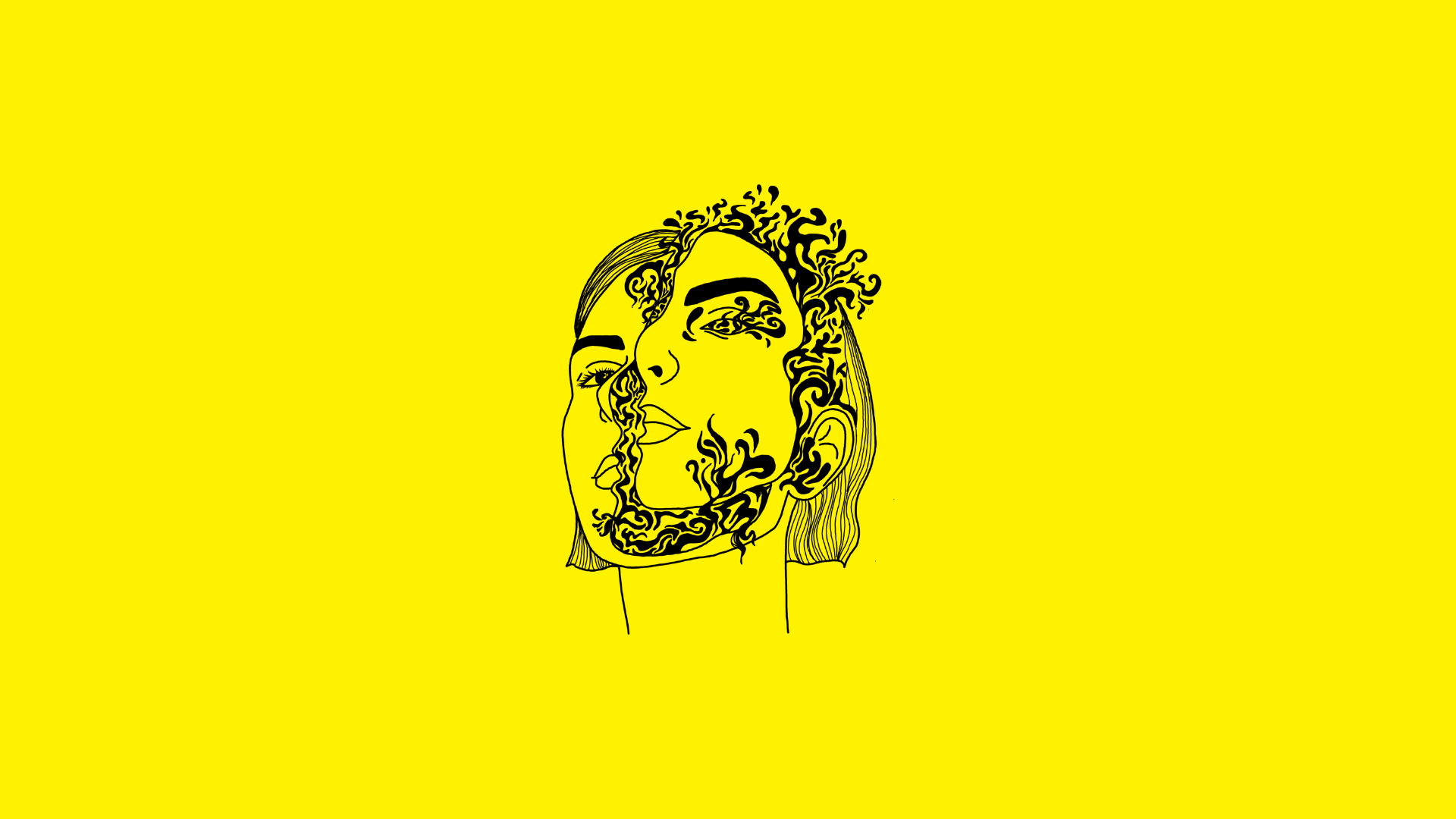 Abstrakcyjny rysunek twarzy kobiety z kwiatami na żółtym tle