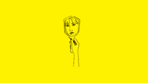 Czarny rysunek przedstawiający dłoń trzymająca lustro odbijające smutną twarz na żółtym tle