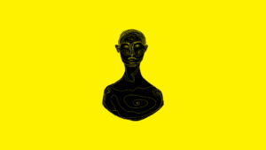 Czarny rysunek abstrakcyjnej postaci na żółtym tle