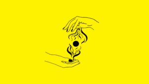 Czarny abstrakcyjny rysunek przedstawiający dłonie na żółtym tle