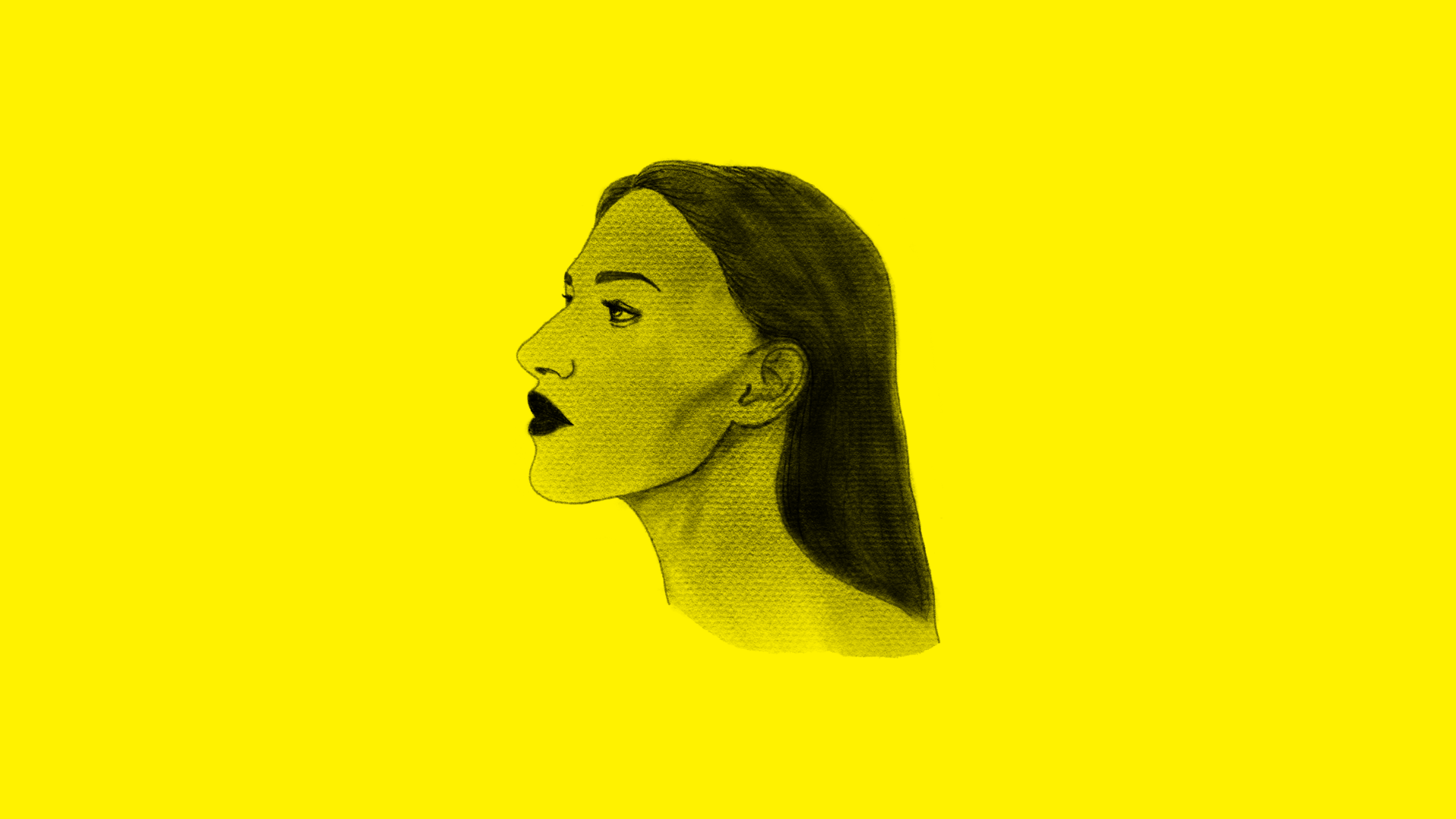 Czarny rysunek twarzy kobiety z profilu na żółtym tle