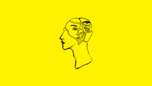 Czarny abstrakcyjny rysunek przedstawiający głowę z puzzli na żółtym tle