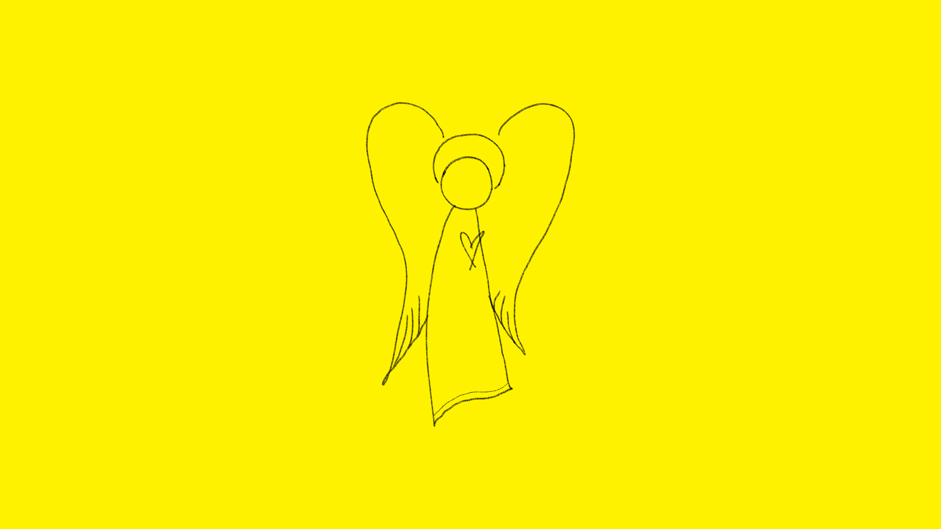Czarny szkic anioła z sercem na żółtym tle